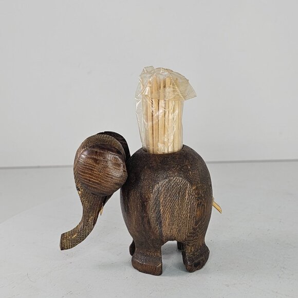 Handcrafted Wooden Elephant Toothpick Holder With Toothpicks *Flawed* - Picture 5 of 8